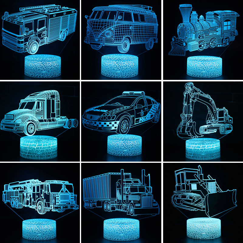 3D Night Light Car Fire Truck Excavator Truck Police Car Bulldozer Desktop Ornament Boy Birthday Gift