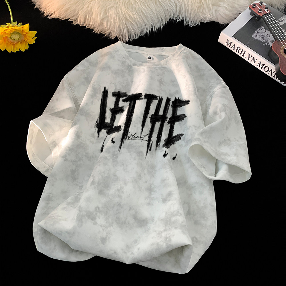 美式扎染短袖t恤男夏季潮牌ins印花高街潮流宽松圆领重磅半袖上衣