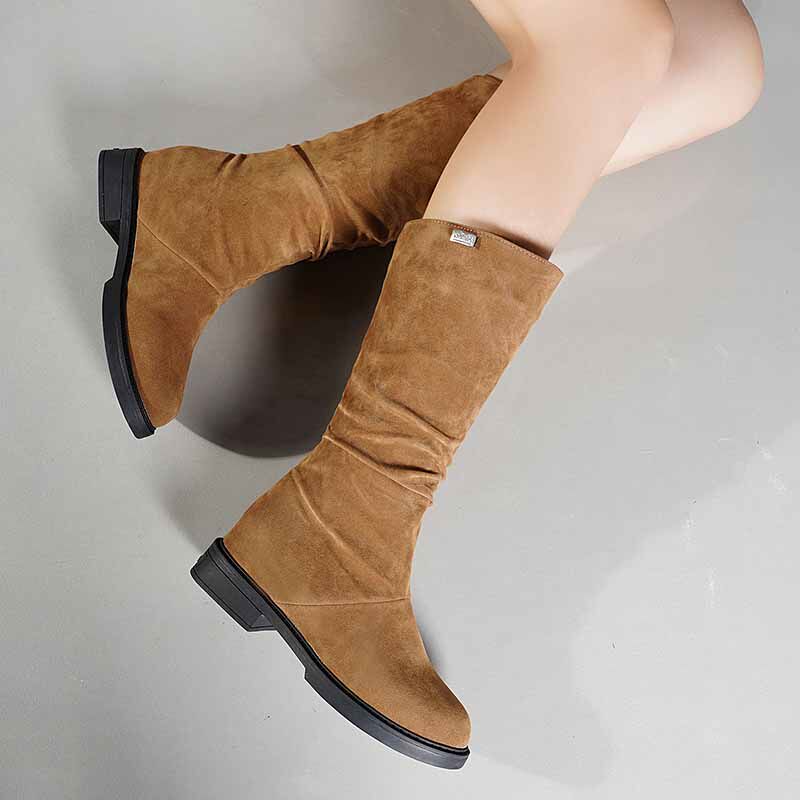 靴子女2019秋款中筒靴3cm厘米方跟圆头黑色糖果色马丁靴长不过膝