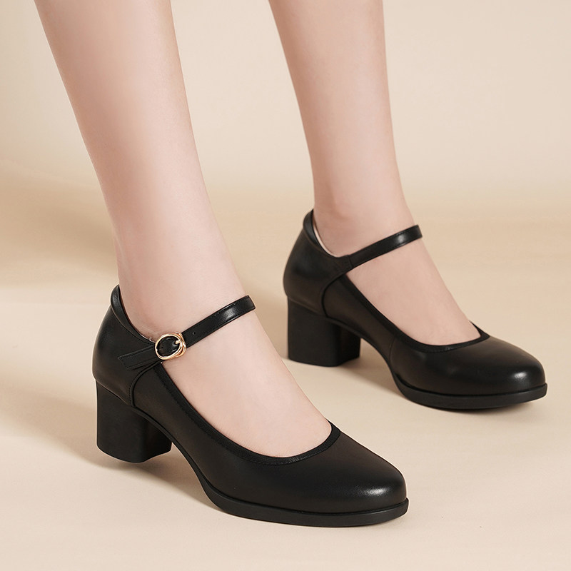 Golden Special Thyme Moms Shoes Women 2023 Fall New Genuine Leather Coarse Heel Lined with Mary Jane's High heel Single Shoe-Taobao