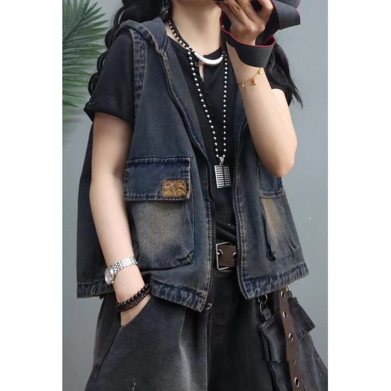 Hooded Denim Vest for Women, Suitable for Outerwear in Spring and Autumn, New Large Size, Loose, Artistic, Retro Style, Vest, Waistcoat, Jacket