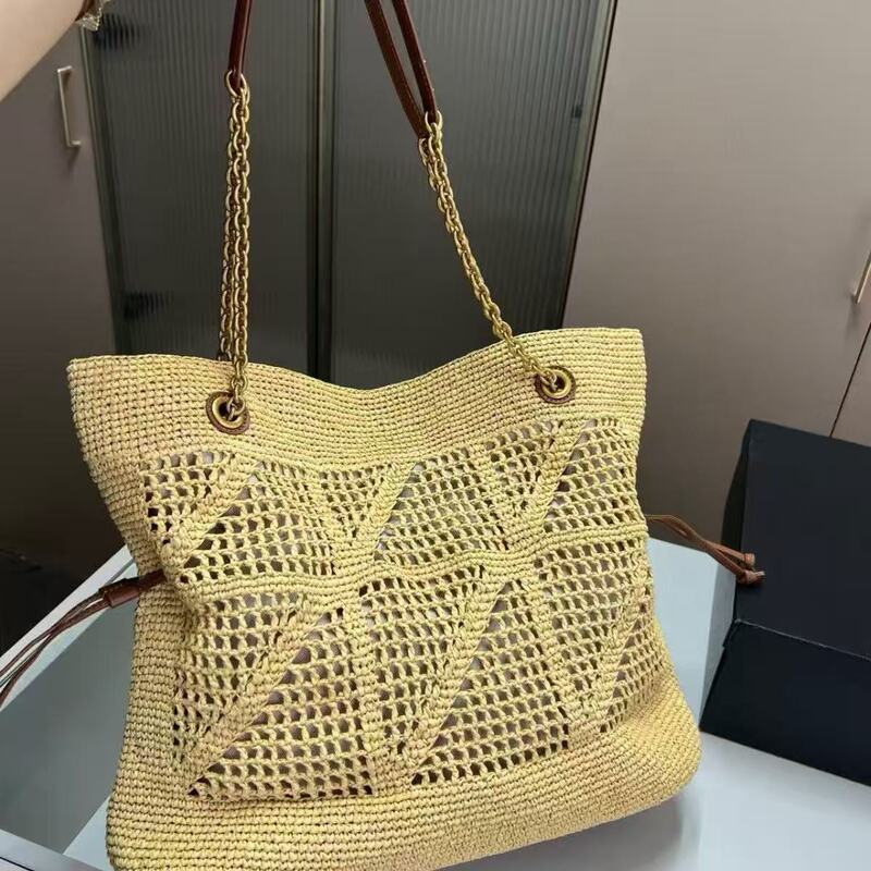 New 26-Inch Handmade Raffia Woven Bag for Women, Tote Bag, Vacation Style Beach Bag, Hollow Woven Bag