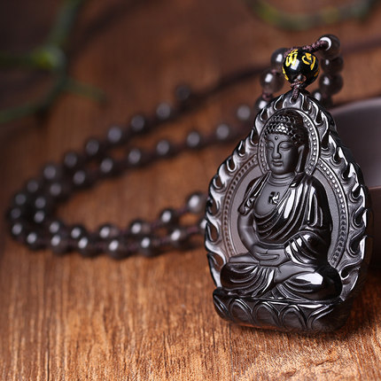 开光冰种黑曜石阿弥陀佛生肖属狗属猪本命佛守护神吊坠