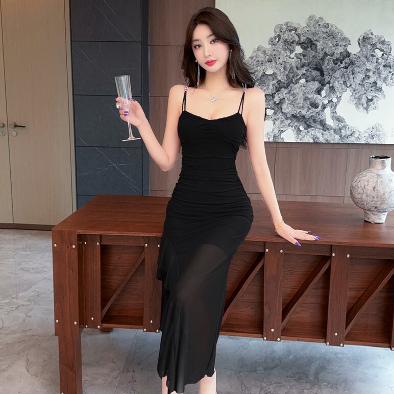 Sexy Mesh Mid-Length Camisole Dress with Waist-Cinching and Hip-Hugging Design, Suitable for Nightclubs, Soft and Age-Reducing, Suitable for Technicians' Workwear Sexy Mesh Mid-Length Camisole Dress with Waist-Cinching and Hip-Hugging Design, Suitable for Nightclubs, Soft and Age-Reducing, Suitable for Technicians' Workwear