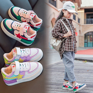 Children's sneakers 2023 spring and autumn style little girls versatile soft bottom girls white shoes student leather color matching sneakers