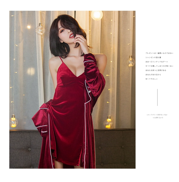 Đồ ngủ của phụ nữ mùa thu và mùa đông nhung vàng dây áo choàng của phụ nữ hai mảnh Dịch vụ nhà Hàn Quốc áo choàng tắm gợi cảm có thể mặc áo ngủ