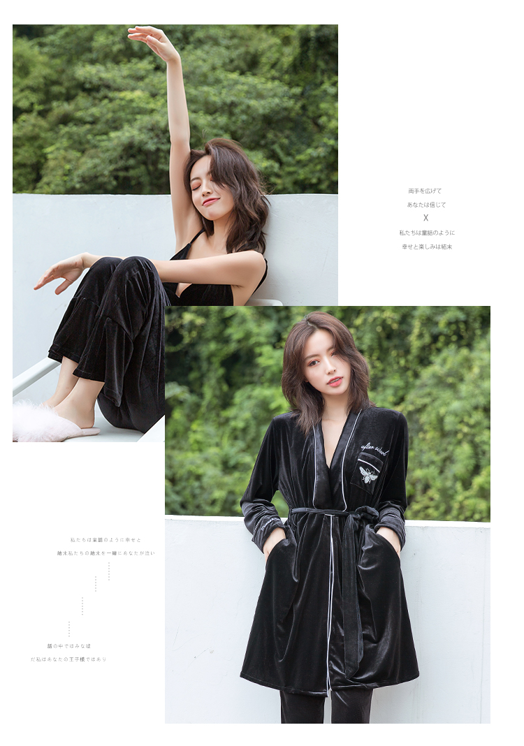 Bộ đồ ngủ nữ mùa thu và nhung vàng ba mảnh phiên bản Hàn Quốc của bộ đồ phục vụ gia đình phần mỏng Bộ đồ ngủ gợi cảm có thể mặc áo dài tay cho phụ nữ đồ bộ cho người 60 tuổi