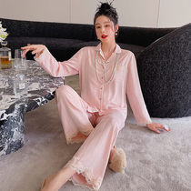 Ice Silk Spring Silk Pyjamas Woman 2022 New long sleeve cardiovert can be worn out of luxurious home for two sets