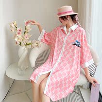 Sleeping Skirt Woman 2022 New Spring Summer Long Short Sleeve Home Dress Superior Sensation Small Turnover Silk Sweet And Printed Pyjamas