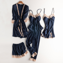 Pajamas for women 2024 spring and summer new style ice silk suspender nightgown and dressing gown five-piece set that can be worn outside sexy long-sleeved home clothes