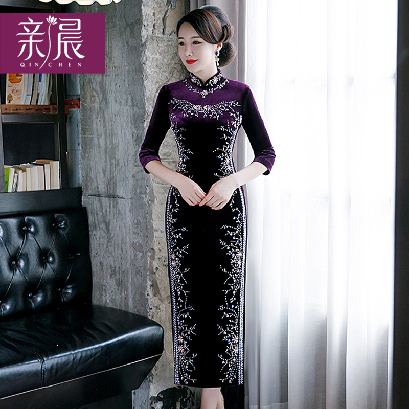 Velvet cheongsam, mom wedding dress, 2021 collection, for middle age