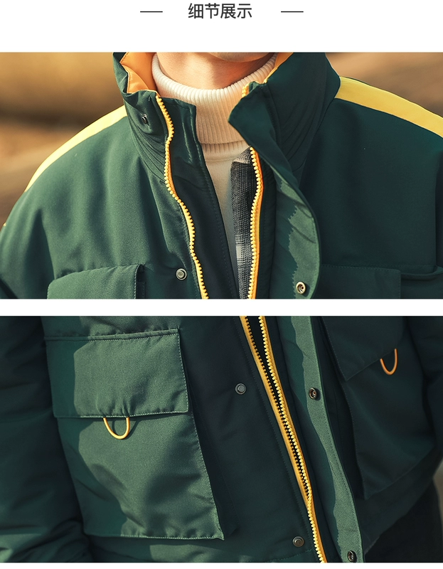 Mùa đông mới đứng cổ áo rộng in quần áo cotton ngắn chàng trai retro dụng cụ làm dày cặp vợ chồng áo khoác sinh viên
