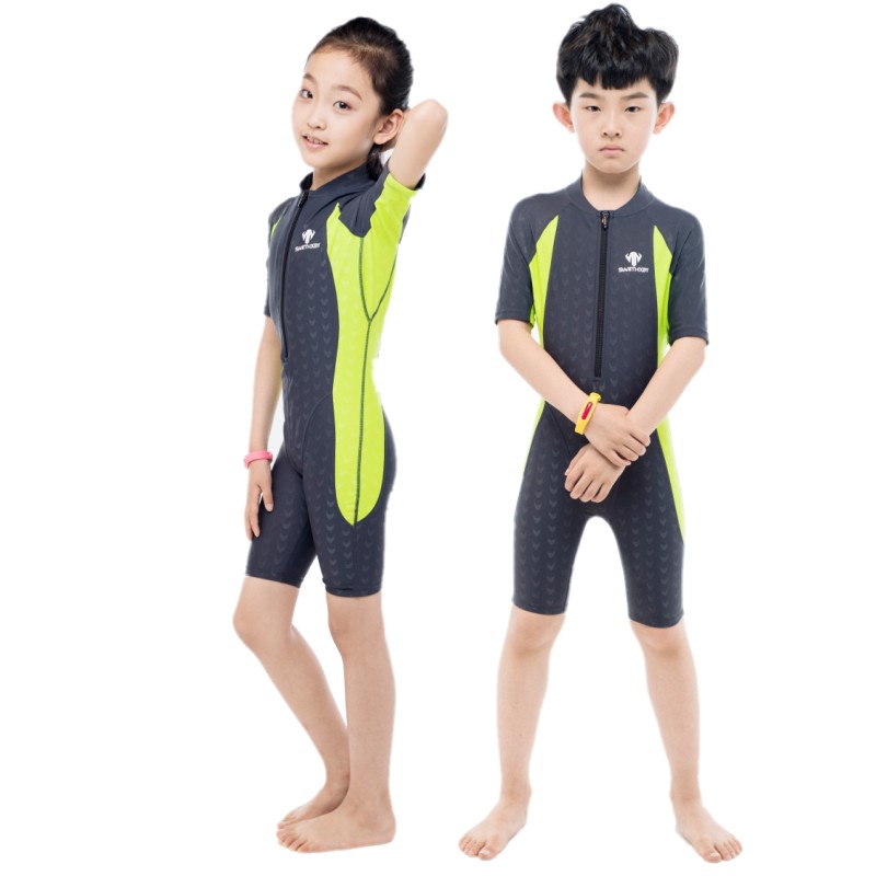 Sunscreen children professional one-piece swimsuit boys and girls training quick-drying shark skin short-sleeved middle-aged children swimming suit