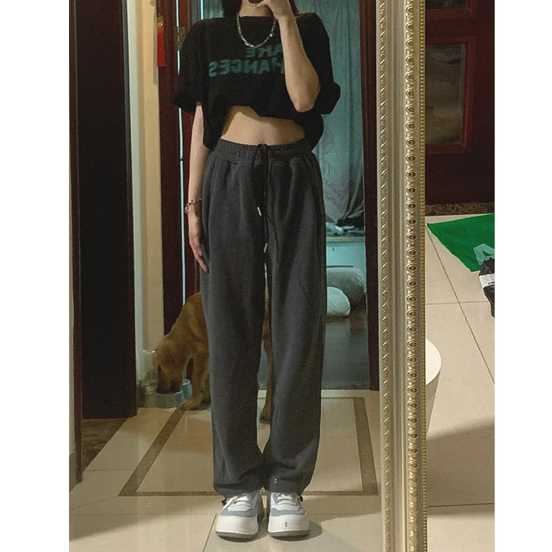American Grey Sports Pants Woman Spring Autumn Loose Straight Barrel Casual Wide Pants High Waist Summer Bunch of Pants Feet