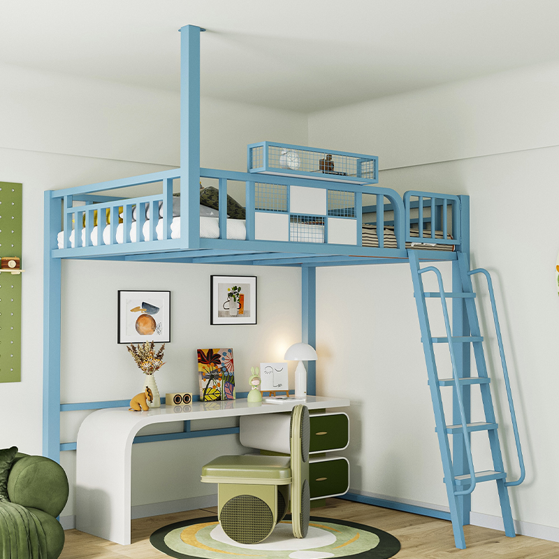 Loft-Style Elevated Bed with a Desk Underneath, Suitable for Small Apartments with a Single Upper Layer and a Desk Underneath