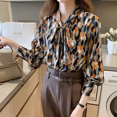 claudie pasey floral chiffon shirt female Spring and Autumn New retro light mature style top long sleeve printed shirt