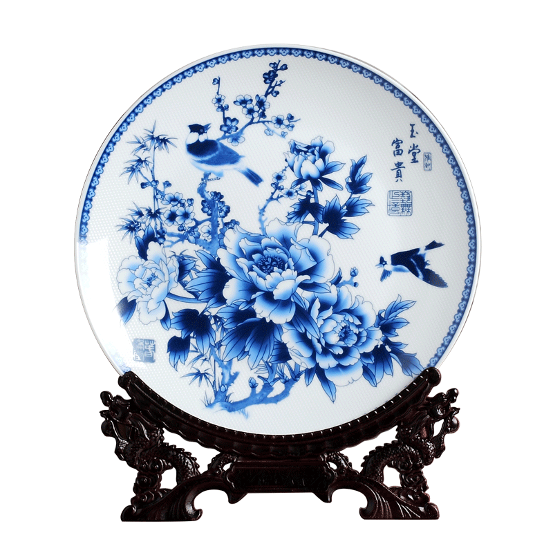 Blue and white porcelain decorative plate furnishing articles of jingdezhen ceramics handicraft creative home wine rich ancient frame to match the vase