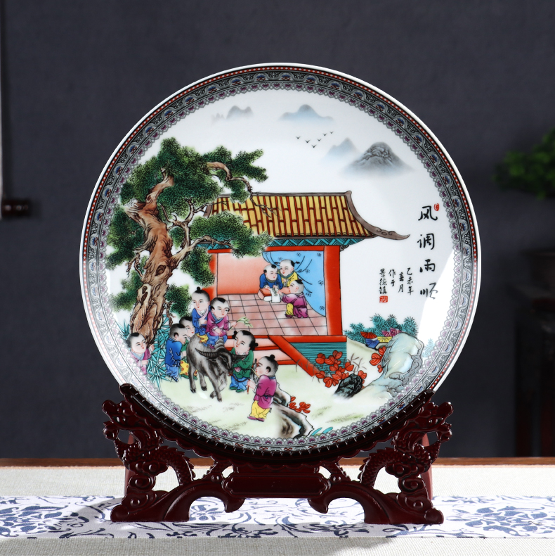 New ceramic decoration plate painting of flowers and rich ancient frame wine cabinet office furnishing articles household living room New Chinese arts and crafts