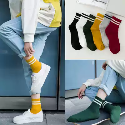 2 4 pairs of socks for men and women Korean version of mid-bar socks two-bar tide socks Japanese College Wind long tube breathable sports socks