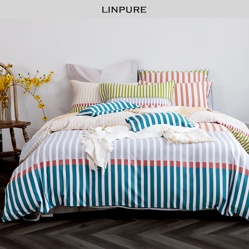 Blue platinum four sets of sleeves with wind stripe Six pieces of simple tenor silk cotton linen bed hat 1 8m Single find the City of Shadow