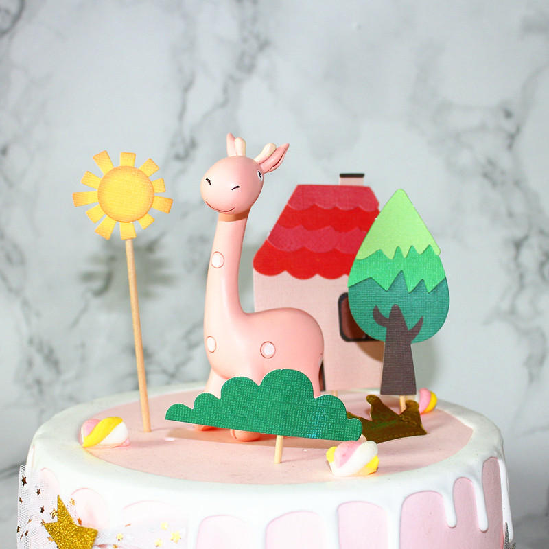 Baby Birthday Cake Decoration Ornament Forest Hut Insert Card Giraffe Resin Ornament Children's Dessert Party