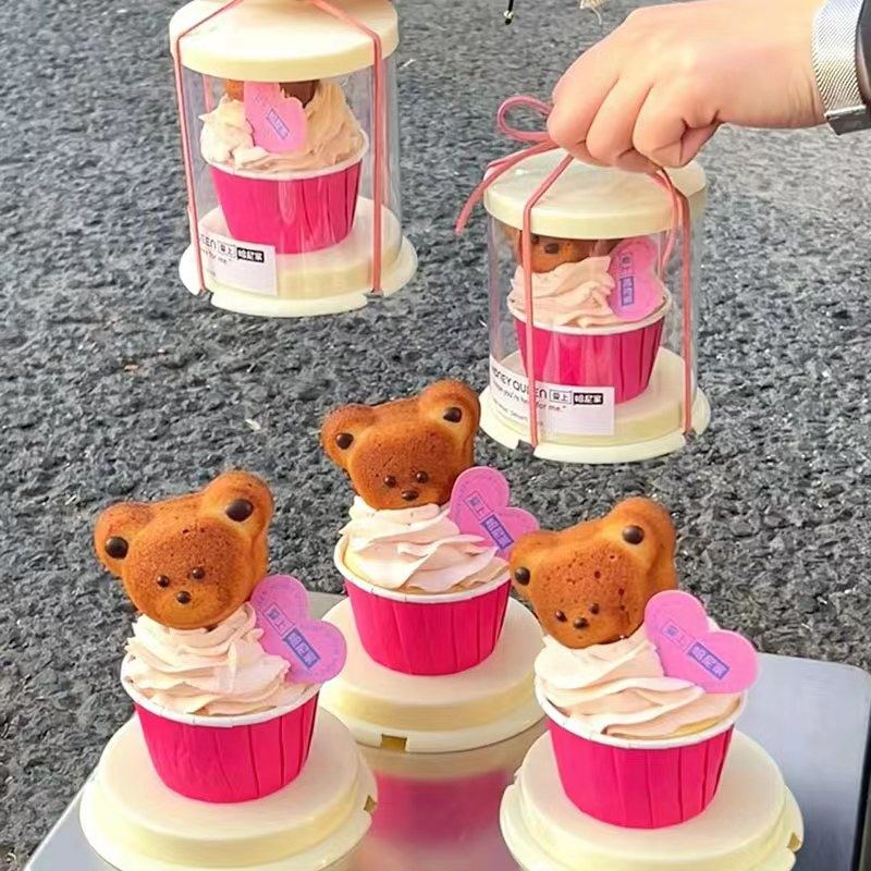 Netred mini bear bake cake decorated 2 inch round transparent cake box French dessert cup packaging box
