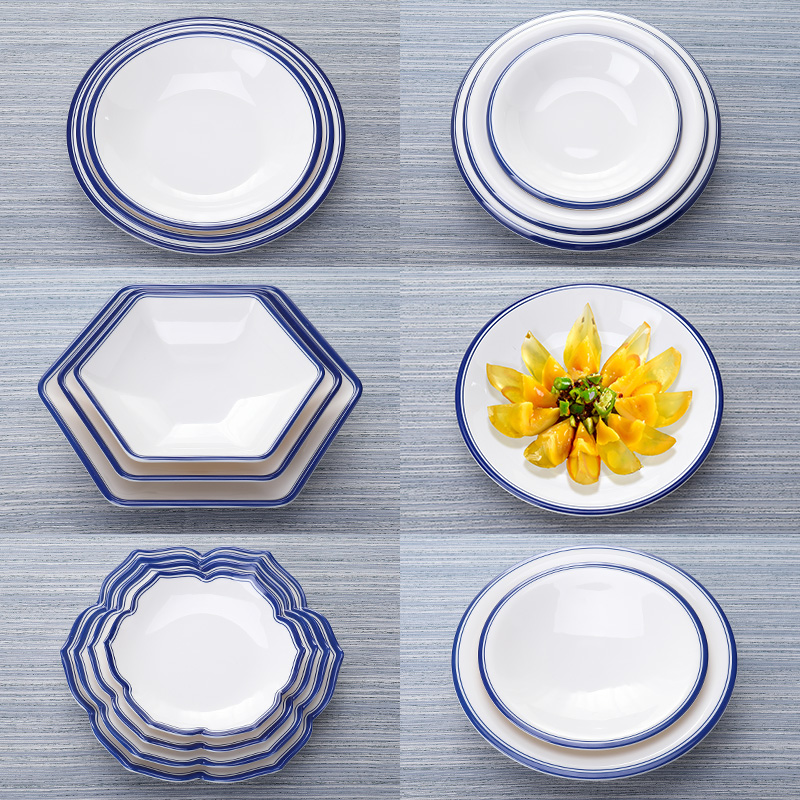 A8 round melamine tableware bone dish deep disc blue side dish plastic disc flat plate fast food plate buffet plate