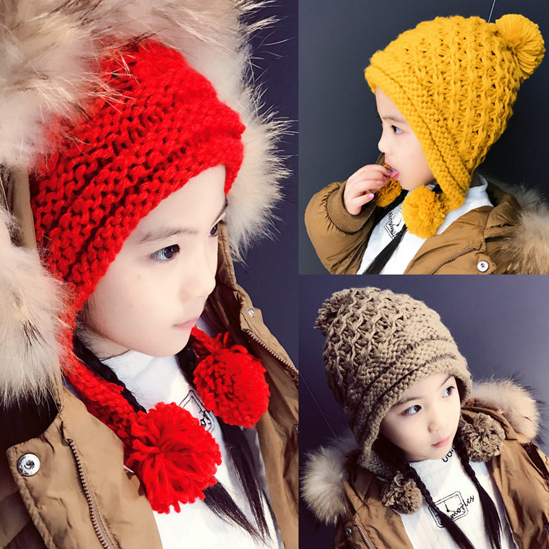 Autumn and winter new children's wool hat girls cute Korean version warm hair ball parent-child hat large children's pullover hat
