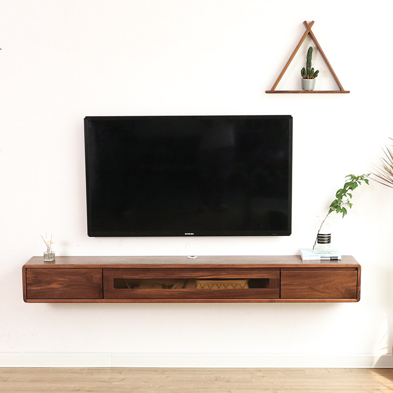 Wall-mounted TV cabinet Wall-mounted solid wood small apartment type ultra-narrow walnut bedroom hanging hanging creative wall hanging cabinet