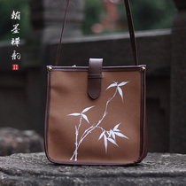 Chinese style original hand-painted literary retro bucket bag casual large capacity shoulder bag commuter oblique span bag big bag