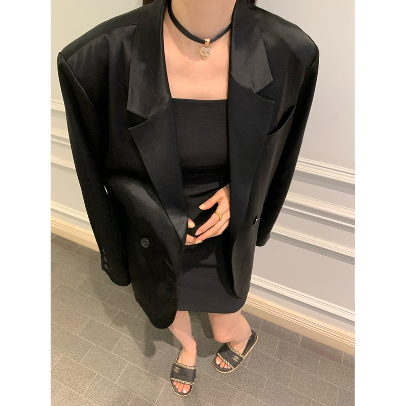 Zhou Miao 2026 Spring and Autumn New Acetate Satin Casual Black Blazer for Women, Petite Oversized Thin Suit