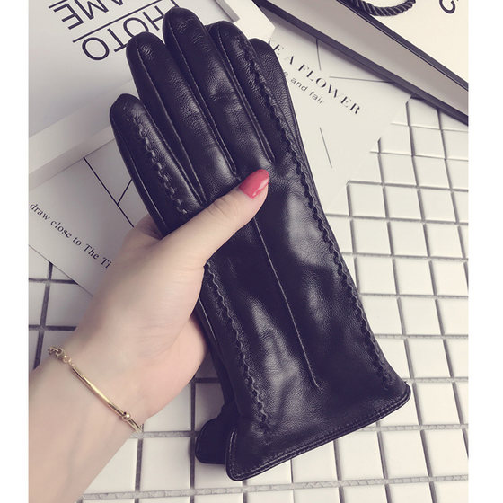 Leather gloves for women in winter cute Korean style thickened velvet to keep warm and cold-proof driving touch screen student cycling gloves for women in winter