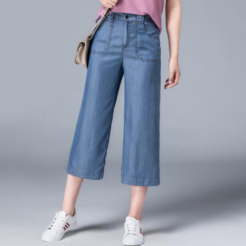 Tencel cropped trousers Ice silk cool breeches Thin section vertical straight jeans