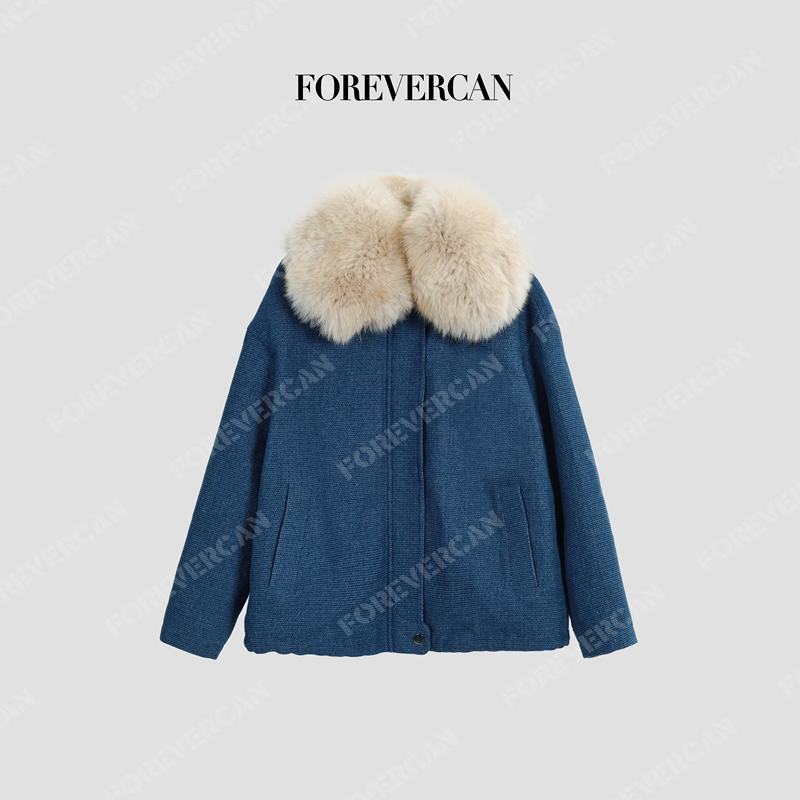 Forevercan Women's 2026 New Fendi Bay Goose down Jacket with Fox Fur Collar Denim Parka Jacket