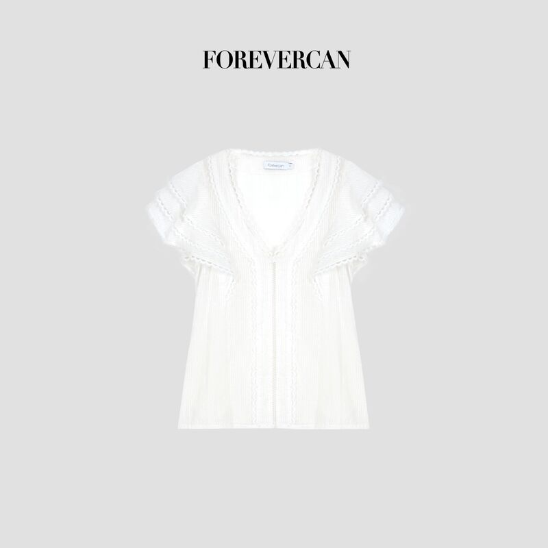 Forevercan Women's Clothing "Ranit Manor" Lace Splicing V-Neck Small Flutter Sleeve Shirt Top Forevercan Women's Clothing "Ranit Manor" Lace Splicing V-Neck Small Flutter Sleeve Shirt Top