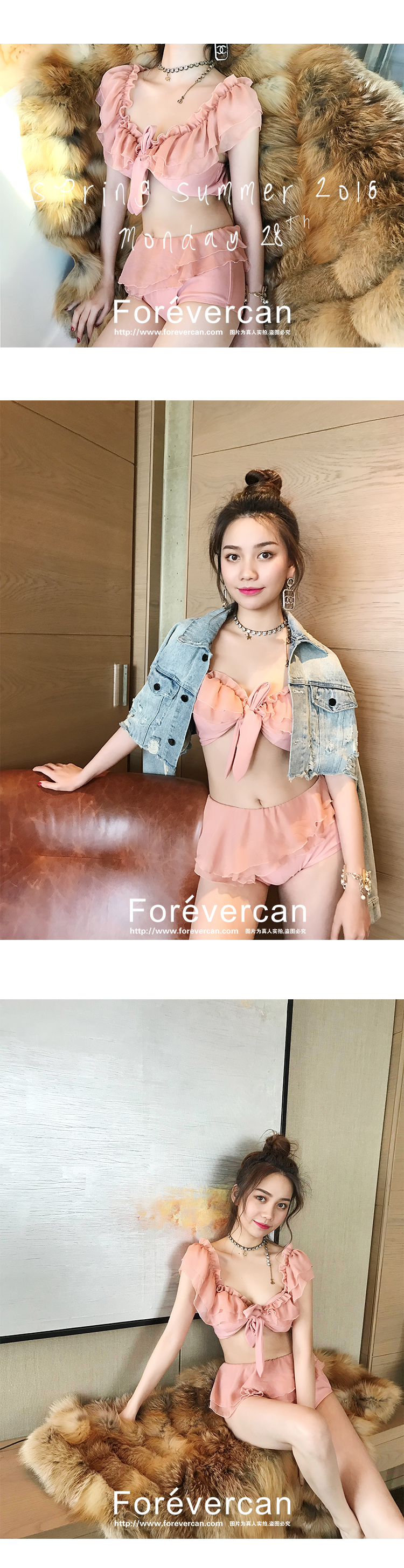 Forevercan2018 hè mới sen lá hồng cô gái mảnh mai gợi cảm phù hợp với áo tắm nữ áo tắm 2 mảnh cạp cao	