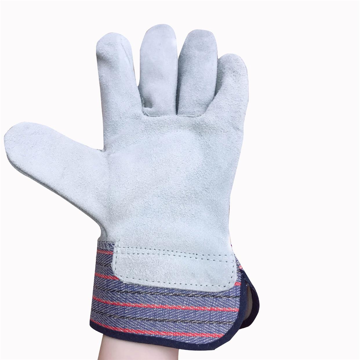 Working Leather Gloves Blue Black Red Striped cloth Short Bull Two-Layer Leather Semi-pillao Foreign Trade Anti-Fur Half Inner Rubber Sleeve-Taobao