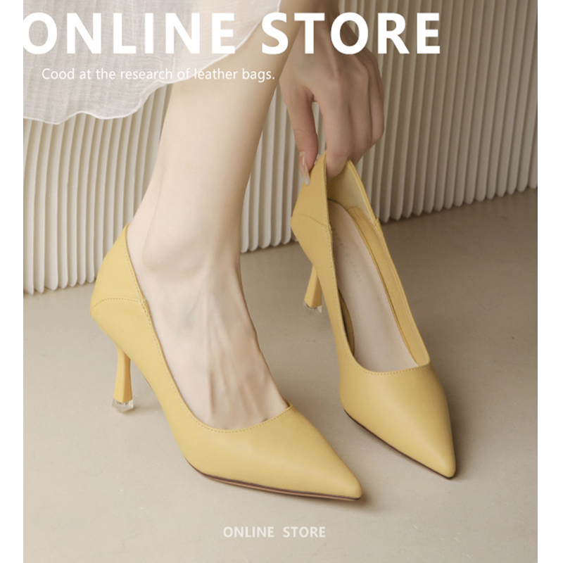 Yellow Genuine Leather High Heels 2024 New Style Comfortable Stiletto Shallow Mouth Elegant Sexy Socialite Fairy Style Shoes