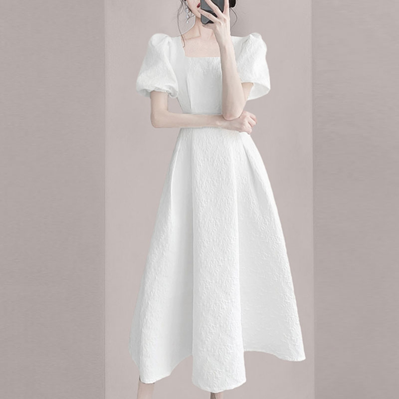 French-Style High-End White Puff-Sleeve Dress, Slimming and Elegant Long Dress, Fairy-Like Forest Style White Dress, First Love Dress French-Style High-End White Puff-Sleeve Dress, Slimming and Elegant Long Dress, Fairy-Like Forest Style White Dress, First Love Dress