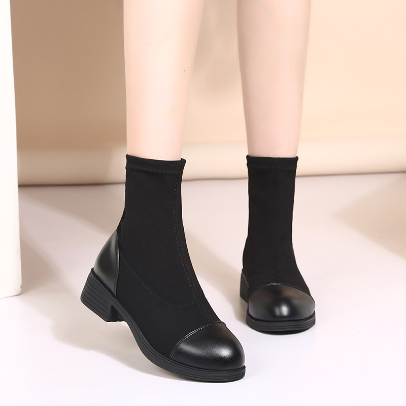 2026 Spring and Autumn Short Genuine Leather Stretch Fabric Boots for Women, Slimming Mid-Heel Thin Sock Boots, Chunky Heel Short Boots, Martin Boots
