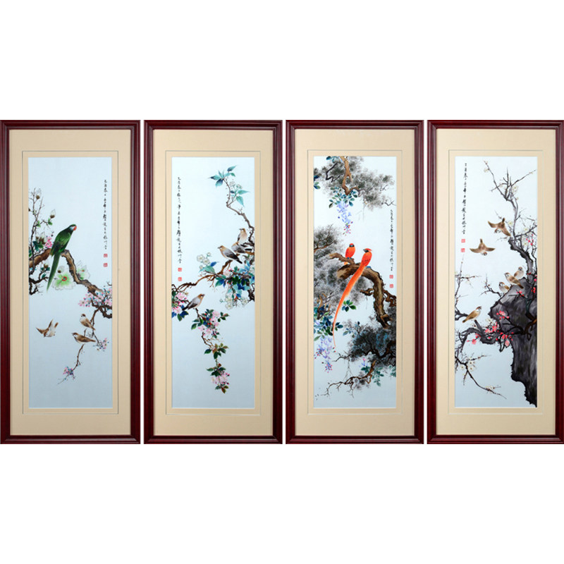 Jin Wu Ying 4 silk embroidery finished painting pure hand artisanal embroidery drawing room Chinese decoration painting four colloquial birds
