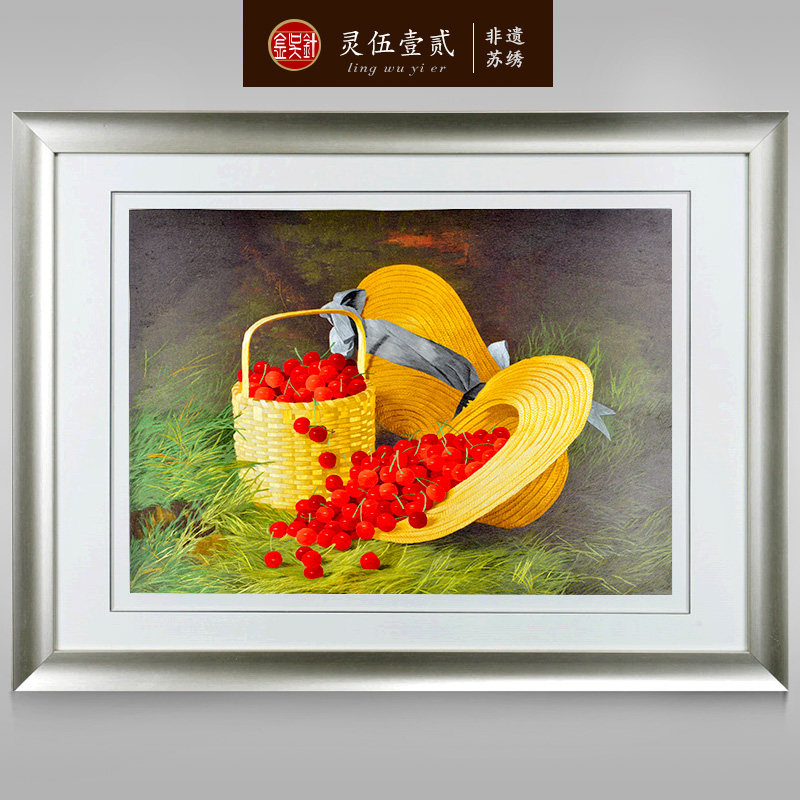 Golden Wu Pin Su embroidery finished product hanging painting Xuanguan Living room Painting Decoration Painting Chinese Handmade Real Silk Embroidery Painting fruitful