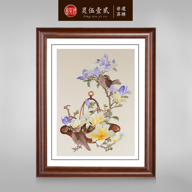 Golden Wu Needle Su Embroidery Finished Product Hung Painting Pure Handmade Embroidery Flower Bird Dining Hall Wall Decoration Painting Cloth Art Hanging Painting Watchkeeping