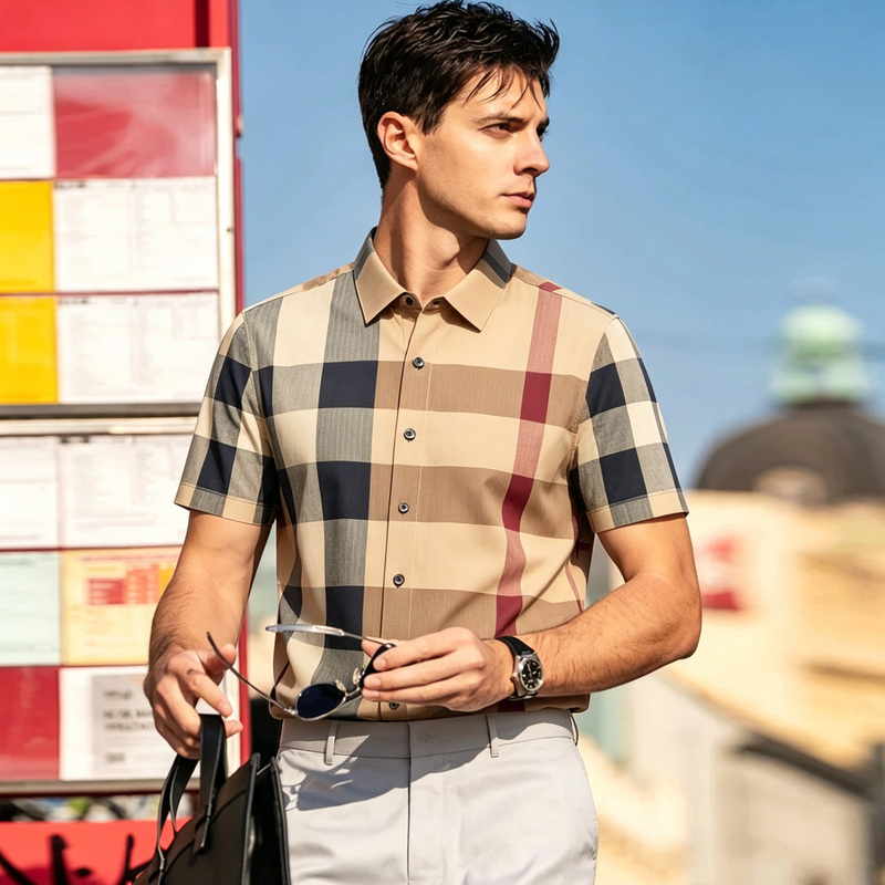 Hong Kong Paul Genuine British Style Plaid Shirt Men's Short-Sleeved Lapel Business Casual Breathable Shirt Summer Thin Style Hong Kong Paul Genuine British Style Plaid Shirt Men's Short-Sleeved Lapel Business Casual Breathable Shirt Summer Thin Style