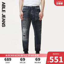 ABLE JEANS 100 hitch black full-length big V pants jeans new product breaking hole long pants male loose pants 801219