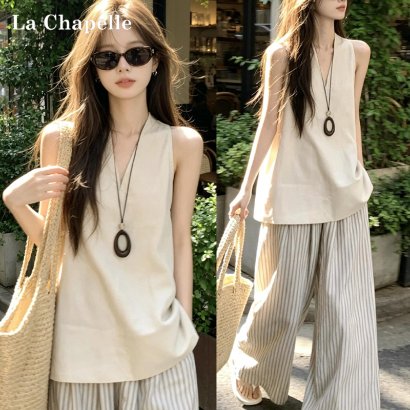 La Chapelle Casual Two-Piece Set for Women, Summer Sleeveless Halter Neck Tank Top T-Shirt, Linen Cotton Wide-Leg Pants La Chapelle Casual Two-Piece Set for Women, Summer Sleeveless Halter Neck Tank Top T-Shirt, Linen Cotton Wide-Leg Pants
