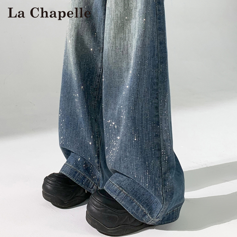 La Chapelle Shiny Rhinestone Wide-Leg Jeans for Women, Spring and Summer Sequin Version, Super Stylish, Loose Straight-Leg Long Pants