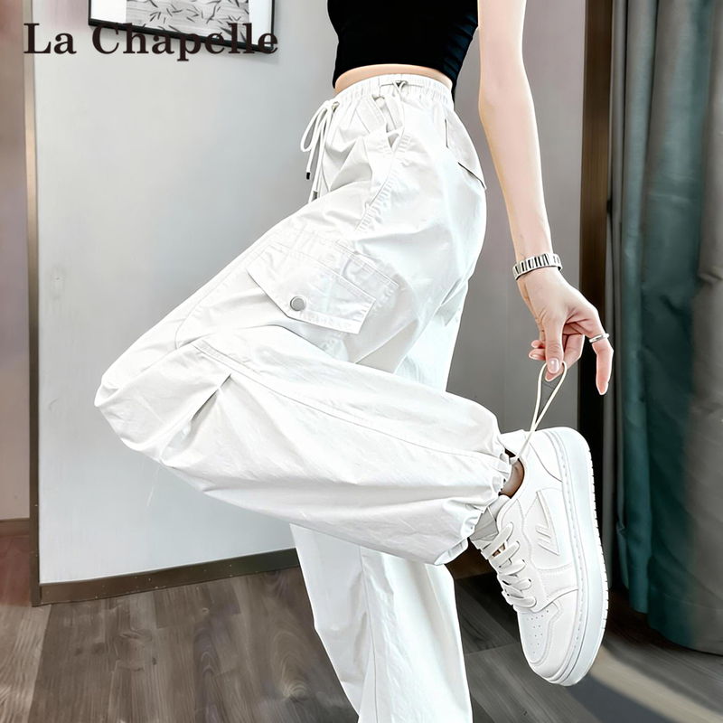 La Chapelle White Quick-Drying Cargo Pants for Women 2026 New American Style Petite Hiking Ice Silk Wide-Leg Sports Pants