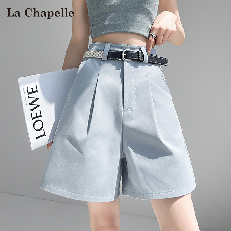 La Chapelle Blue Washed Cotton Suit Shorts for Women, Summer High-Waisted Pleated Niche A-Line Wide-Leg Mid-Length Shorts