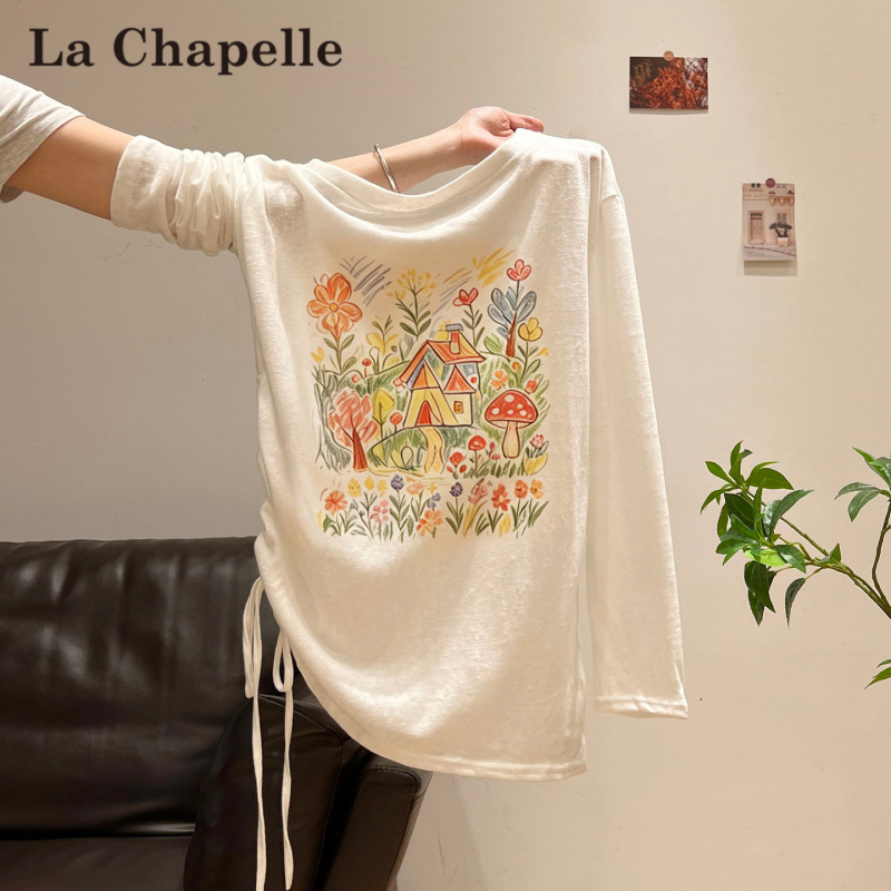 La Chapelle Happy Little Home Printed Asymmetrical Neck Off-Shoulder Sun Protection Cover-Up for Women, Summer 2026 New Slightly Sheer Top